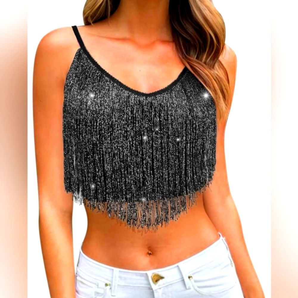 Womens Fringe Western Cowgirl Crop Top. Black with Silver Tassels. Size XS. New.